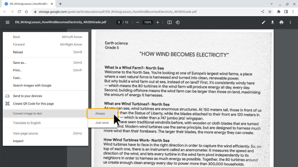 Google Chrome PDF to text feature