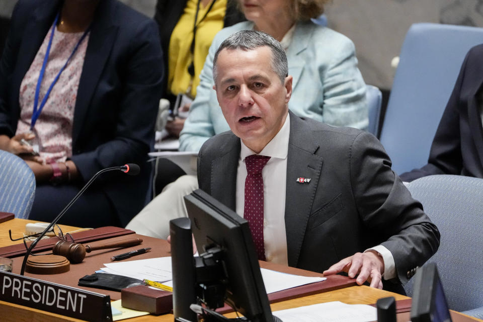 Ignazio Cassis, Federal Councillor for Foreign Affairs of Switzerland and current president of the United Nations Security Council, presides over a meeting of the council, Wednesday, May 3, 2023, at United Nations headquarters. (AP Photo/John Minchillo)