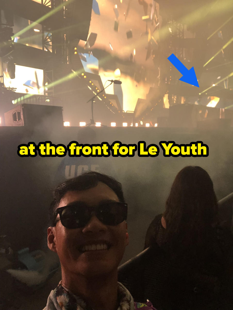 author at front of le youth's set at edc