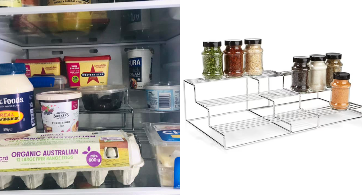 A Kmart shopper showed how they used a $3 Chrome Extendable 3 Tier Shelf to reorganise their fridge. Photos: Facebook/Kmart