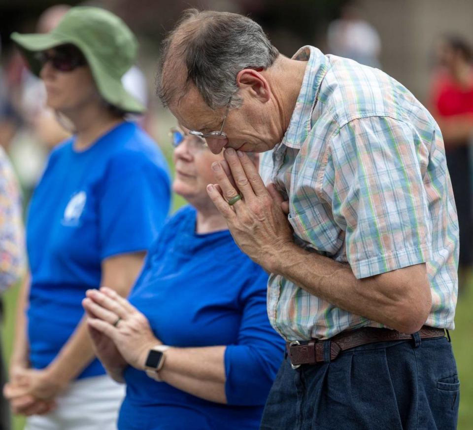 Neil Schunke of Marion, N.C., prays during the 26th Annual North Carolina Right To Life rally on the Halifax Mall, on Saturday, May 18, 2024 in Raleigh, N.C.