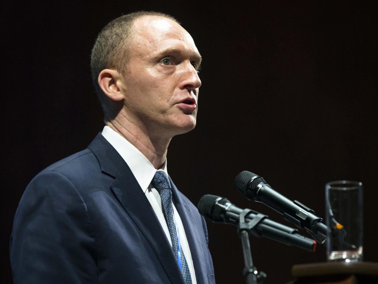 Carter Page speaks at a graduation ceremony at the New Economic School in Moscow, Russia, in July 2016: AP