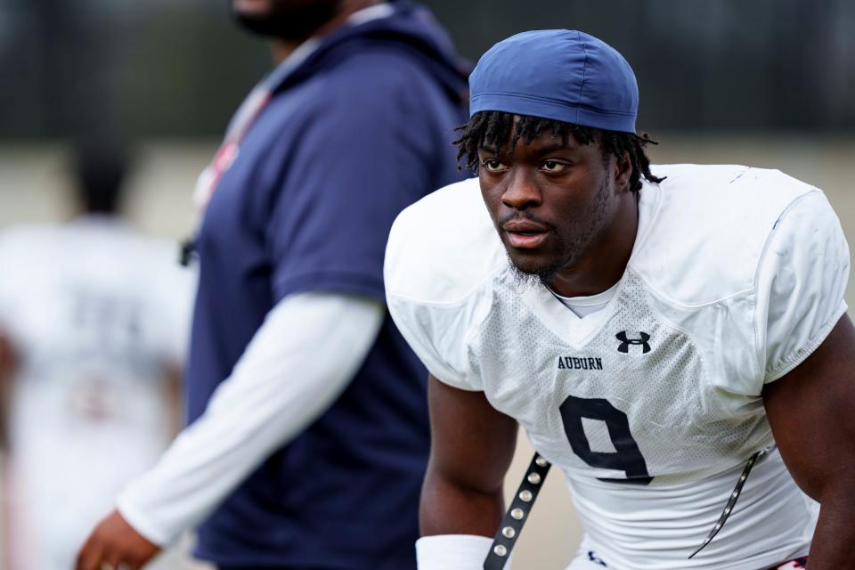 Auburn linebacker Eugene Asante (9) during a practice at the Woltosz Football Performance Center March 24, 2023.