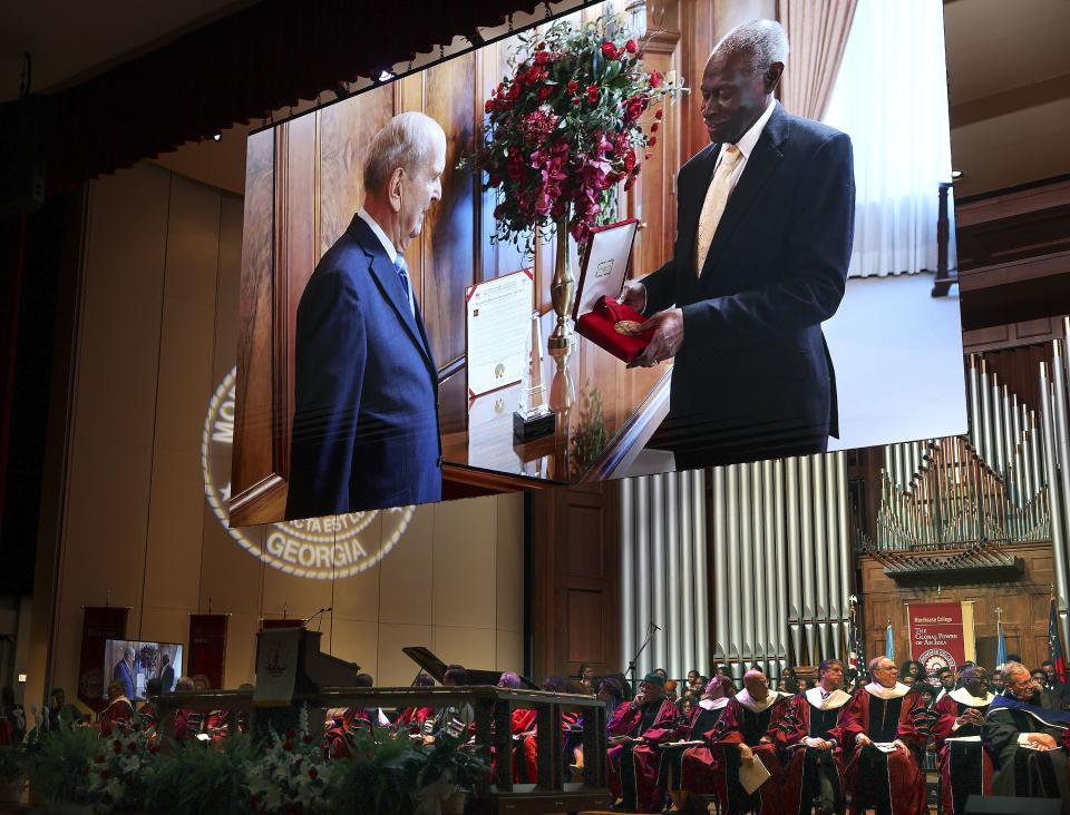 President Russell M. Nelson receives the Gandi-King-Mandela Peace Prize from Dr. Lawrence Edward Carter Sr., professor and founding dean of the Martin Luther King, Jr. International Chapel, at the annual Worldhouse Interfaith & Interdenominational Assembly at the Martin Luther King, Jr. International Chapel at Morehouse College in Atlanta, Georgia, on Thursday, April 13, 2023. | Laura Seitz, Deseret News