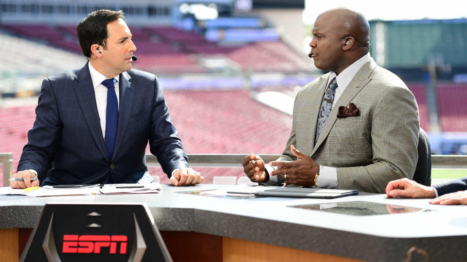 Joe Tessitore and Booger McFarland on the set of ESPN’s College Football Live in Tampa, Fla., before the College Football Playoff Championship Game on Jan. 9, 2017. (ESPN)