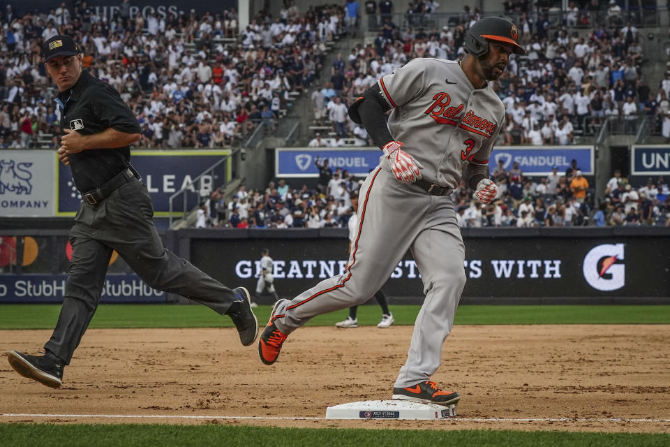 Baltimore Orioles' Aaron Hicks runs the bases after his fifth inning home run in a baseball game against the New York Yankees, Tuesday, July 4, 2023, in New York. (AP Photo/Bebeto Matthews)