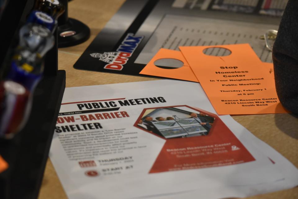 Flyers at Tom's Car Care Center invite customers to attend a public meeting to discuss a new low-barrier homeless shelter proposed near the shop. The city of South Bend will host the meeting on Thursday, Feb. 1, at 6 p.m. at The Beacon Resource Center.