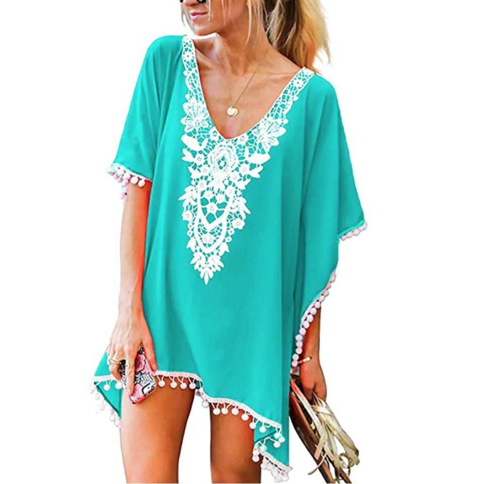 CPOKRTWSO Women’s Crochet Chiffon Tassel Cover Up