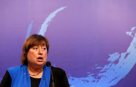 U.S. Under Secretary of State for Economic Growth, Energy and the Environment, Cathy Novelli, speaks with the media during the "Our Ocean" conference at the Hotel Sheraton Miramar in Vina del Mar city, October 5, 2015. REUTERS/Rodrigo Garrido