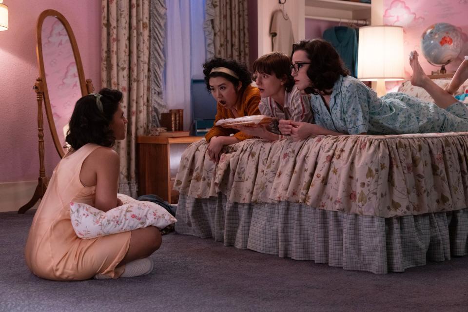 Olivia (Cheyenne Isabel Wells, far left), Nancy (Tricia Fukuhara), Cynthia (Ari Notartomaso) and Jane (Marisa Davila) have an enlightening sleepover in Paramount+'s "Grease: Rise of the Pink Ladies."