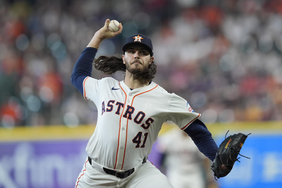 Houston Astros starting pitcher Spencer Arrighetti throws against the Detroit Tigers during the first inning of a baseball game Saturday, June 15, 2024, in Houston. (AP Photo/David J. Phillip)