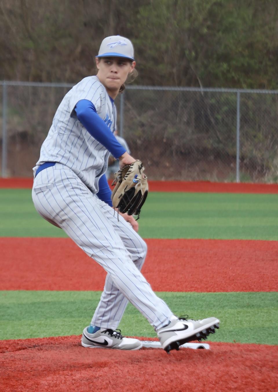 Buckeye Trail's Braden Williams (2) pitches the ball during the baseball game Saturday at Buckeye Trail High School. Williams is once again the Warriors number one pitcher as they attempt to collect their third straight IVC championship.