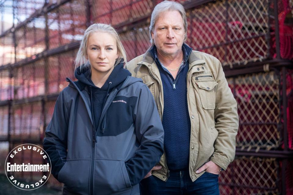 Meet the new cast of Deadliest Catch Northwestern Captains Sig and Mandy posing near pot stacks. Captains Mandy Hansen and Sig Hansen of F_V Northwestern