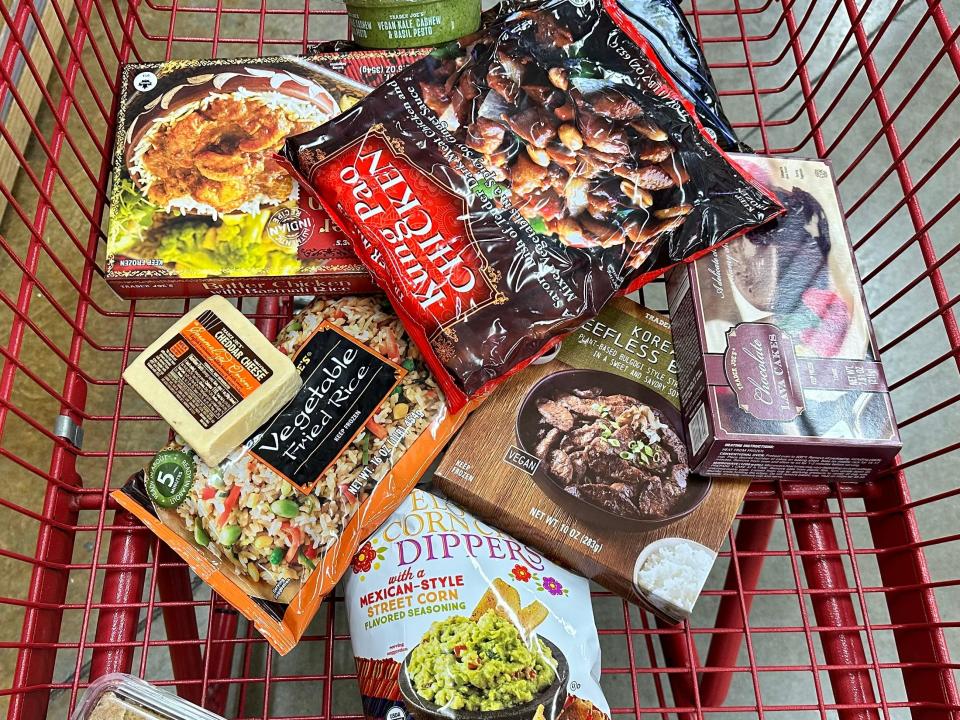 A shopping cart full of Trader Joe's award-winning items