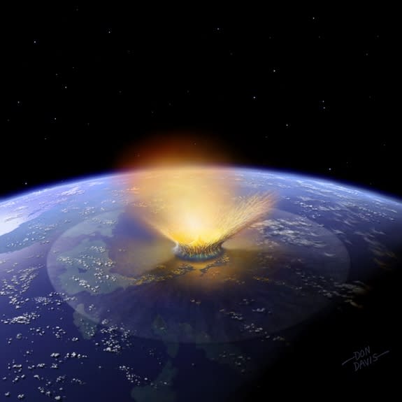 Artist’s impression of a 6-mile-wide asteroid striking the Earth. Scientists now have fresh evidence that such a cosmic impact ended the age of dinosaurs near what is now the town of Chixculub in Mexico.