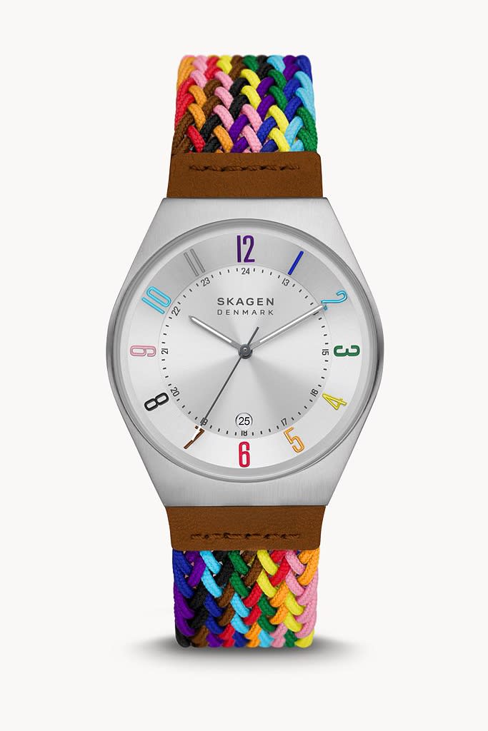 Skagen’s Grenen Pride Limited Edition Three-Hand Date Multicolor rPET watch. - Credit: Courtesy of Skagen