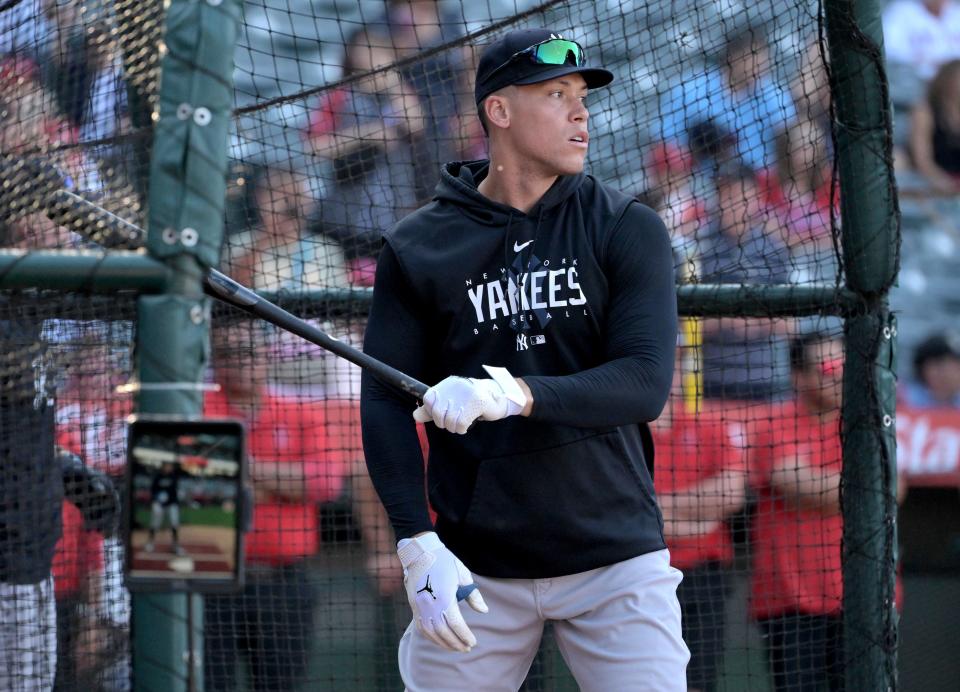 Jul 17, 2023; Anaheim, California, USA; New York Yankees right fielder Aaron Judge (99) takes batting practice prior to the game against the Los Angeles Angels at Angel Stadium. Mandatory Credit: Jayne Kamin-Oncea-USA TODAY Sports