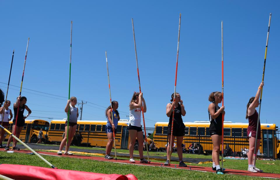 Line for the practice vaults for the girls 2A pole vault at the 1A/2A track and field state championships at Western Heights high school Friday , May 5, 2023.