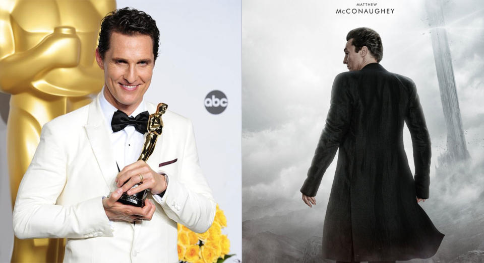 Matthew McConaughey collecting his Oscar (L) and in this year’s The Dark Tower.