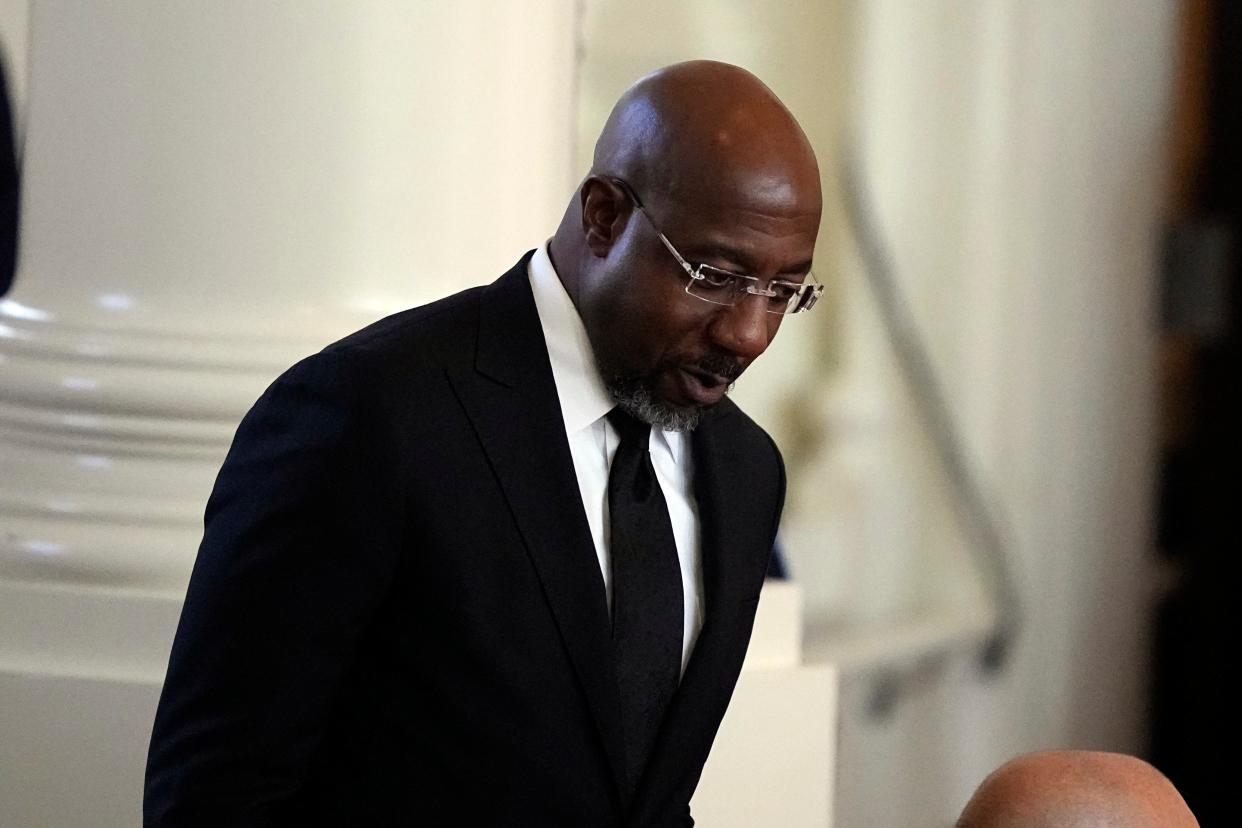 Sen. Raphael Warnock, D-Ga., arrives for a tribute service for former first lady Rosalynn Carter at Glenn Memorial Church at Emory University on Tuesday, Nov. 28, 2023, in Atlanta. (AP)