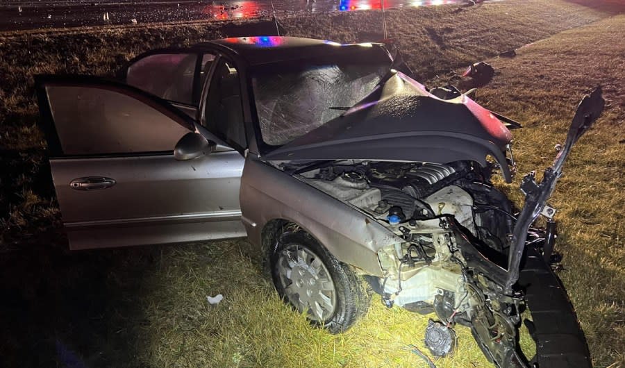 Two people were hospitalized with serious injuries after their car collided with a West Jefferson police cruiser, Jan. 28, 2024 (Courtesy/West Jefferson Police Department)