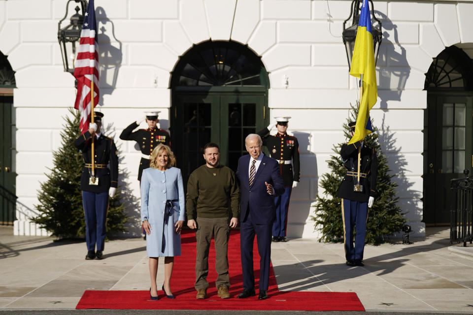 President Joe Biden and first lady Jill Biden, welcome Ukraine's President Volodymyr Zelenskyy at the White House in Washington, Wednesday, Dec. 21, 2022. (AP Photo/Andrew Harnik)