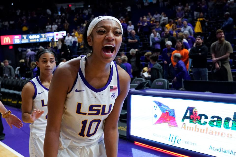 LSU forward Angel Reese (10) reacts after defeating Arkansas in an NCAA college basketball game in Baton Rouge, La., Thursday, Jan. 19, 2023. LSU won 79-76. (AP Photo/Gerald Herbert)