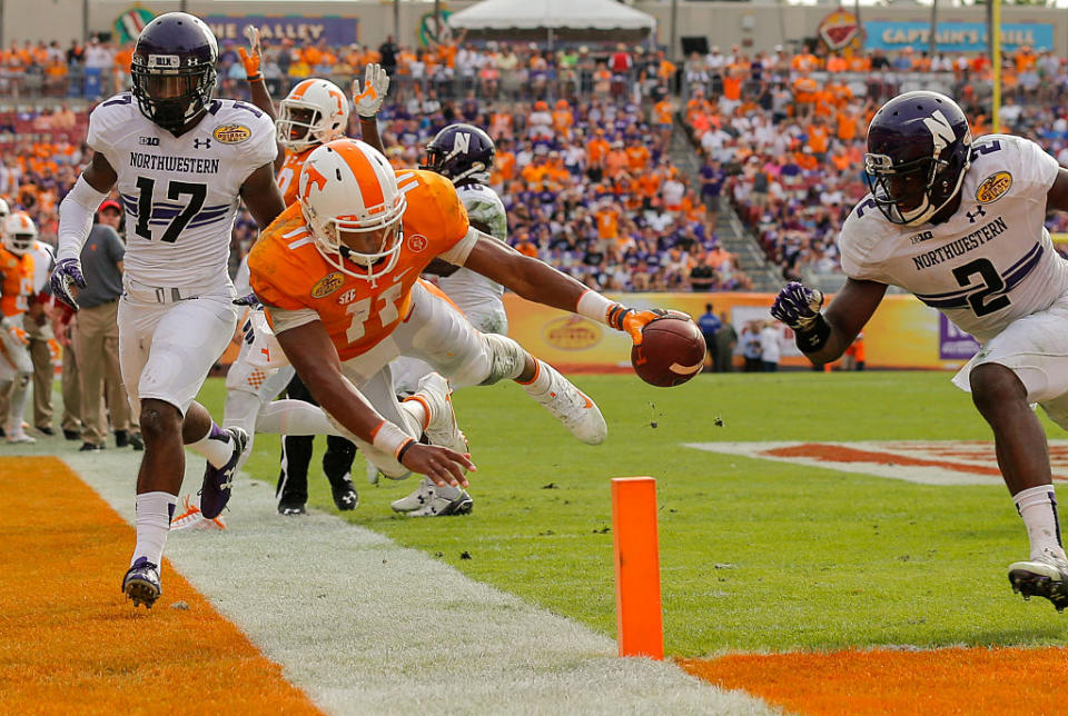 TAMPA, FL - JANUARY 1: Joshua Dobbs #11 of the Tennessee Volunteers against the Northwestern Wildcats during the Outback Bowl at Raymond James Stadium on January 1, 2016 in Tampa, Florida. (Photo by Mike Carlson/Getty Images)