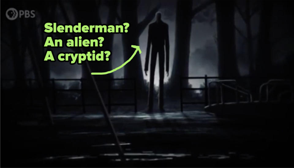 A tall, thin man in a shadowy, dark night with the text "Slenderman? An alien? A cryptid?"