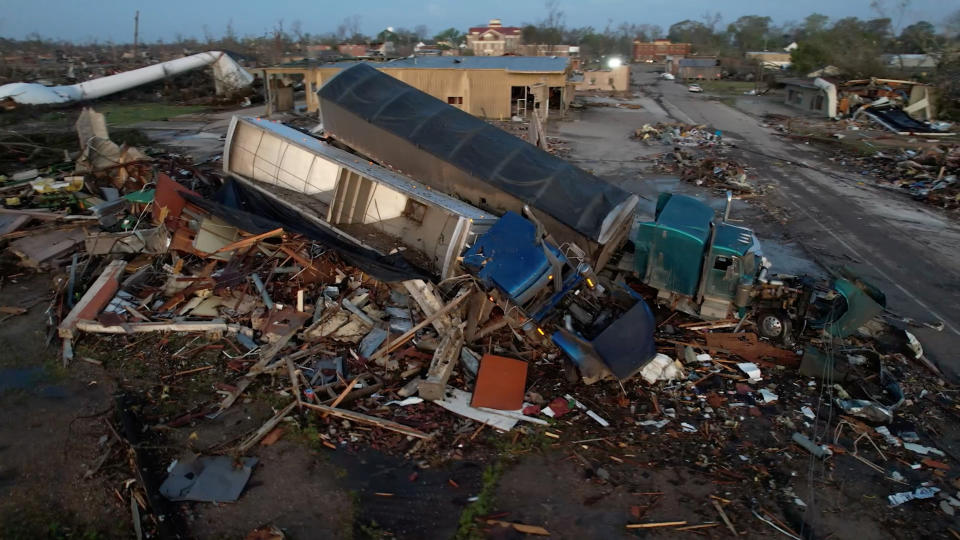 An aerial view of the aftermath of a tornado, in Rolling Fork, Mississippi, U.S. March 25, 2023 in this screengrab obtained from a video. SevereStudios.com / Jordan Hall/via REUTERS THIS IMAGE HAS BEEN SUPPLIED BY A THIRD PARTY. MANDATORY CREDIT.