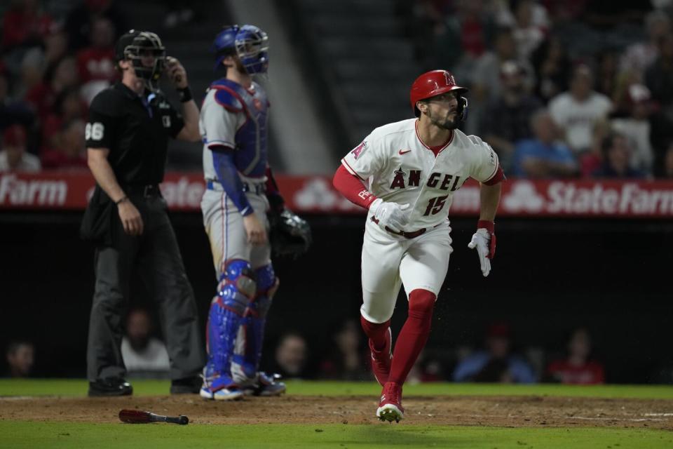 Randal Grichuk runs for the Angels.