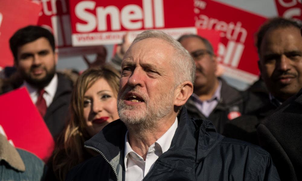 Jeremy Corbyn addresses supporters to congratulate Gareth Snell, the newly elected Labour MP for Stoke Central