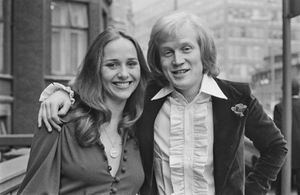 English actress Hilary Dwyer (1945 - 2020) with her husband-to-be, talent agent Duncan Heath, UK, 31st October 1973. Together they founded talent agency Duncan Heath Associates.  (Photo by Evening Standard/Hulton Archive/Getty Images)