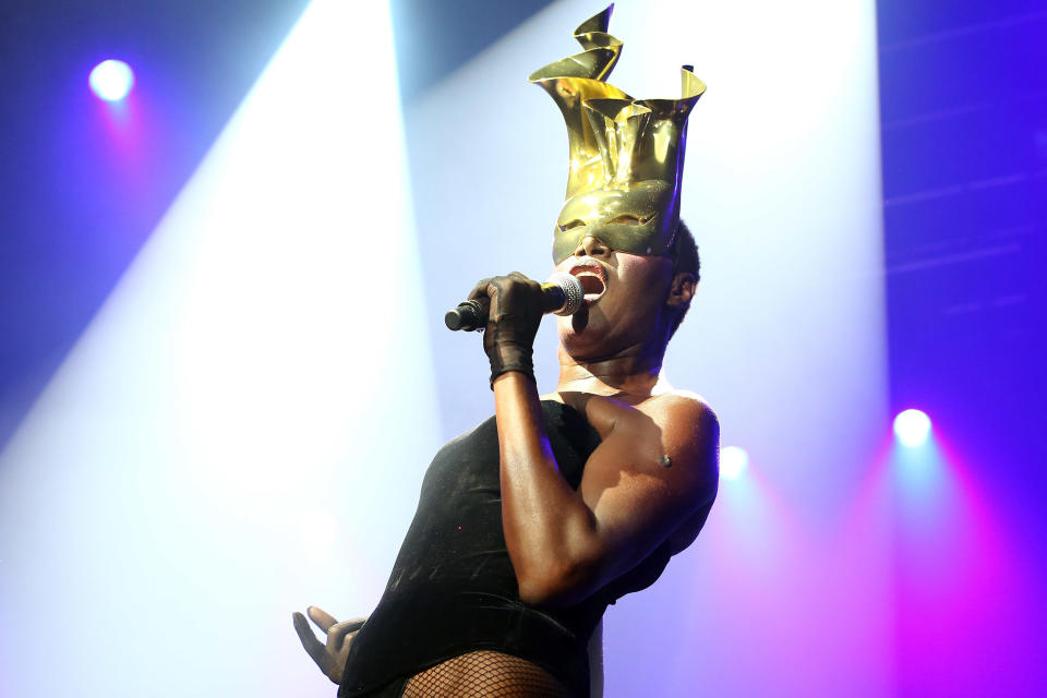 2012: Grace Jones performs on stage as part of her "Hurricane" tour at Roseland Ballroom in New York City.