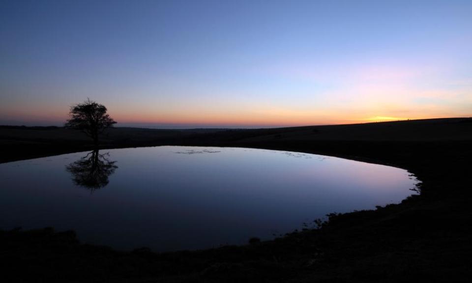 Dew pond on the South Downs at dusk.