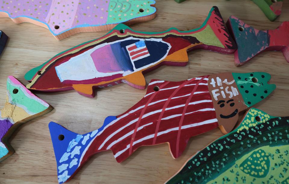 Painted fish in Sugar House on Tuesday, April 4, 2023, for an exhibit. | Jeffrey D. Allred, Deseret News