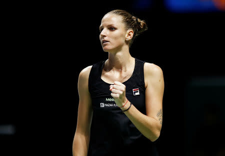 Tennis - WTA Tour Finals - Singapore Indoor Stadium, Kallang, Singapore - October 23, 2018 Czech Republic's Karolina Pliskova during her group stage match against Ukraine's Elina Svitolina REUTERS/Edgar Su