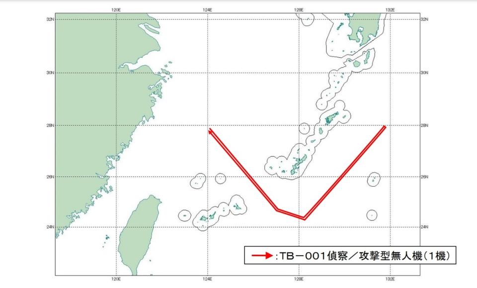 日本防衛省統合幕僚監部通報，6月4日一架中國軍用「雙尾蠍」TB-001偵察/攻擊無人機從東海穿過沖宮水道進入太平洋，再沿著沖繩島鏈東側北上直至奄美大島，最後循原路折返。   圖：翻攝mod.go.j