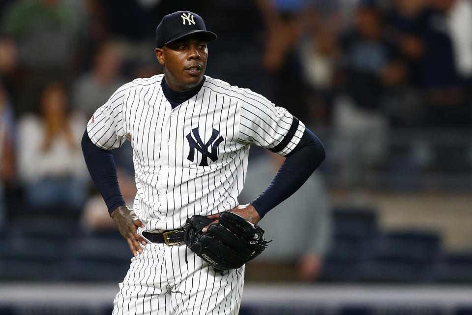 NEW YORK, NEW YORK - JULY 15:  Aroldis Chapman #54 of the New York Yankees reacts after giving up a three-run home run to Travis d'Arnaud #37 of the Tampa Bay Rays in the ninth inning at Yankee Stadium on July 15, 2019 in New York City. (Photo by Mike Stobe/Getty Images)