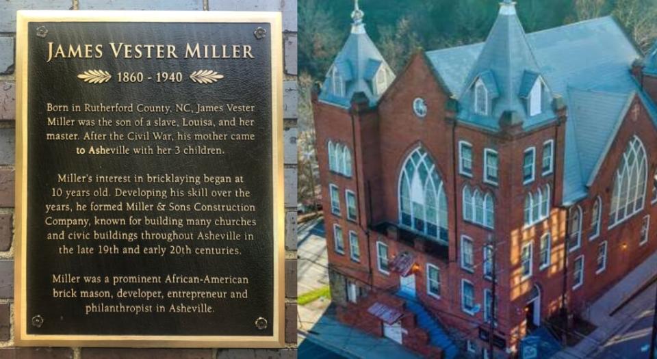 A plaque honoring James Vester Miller, who built Mt. Zion Church in Asheville, N.C. (right)