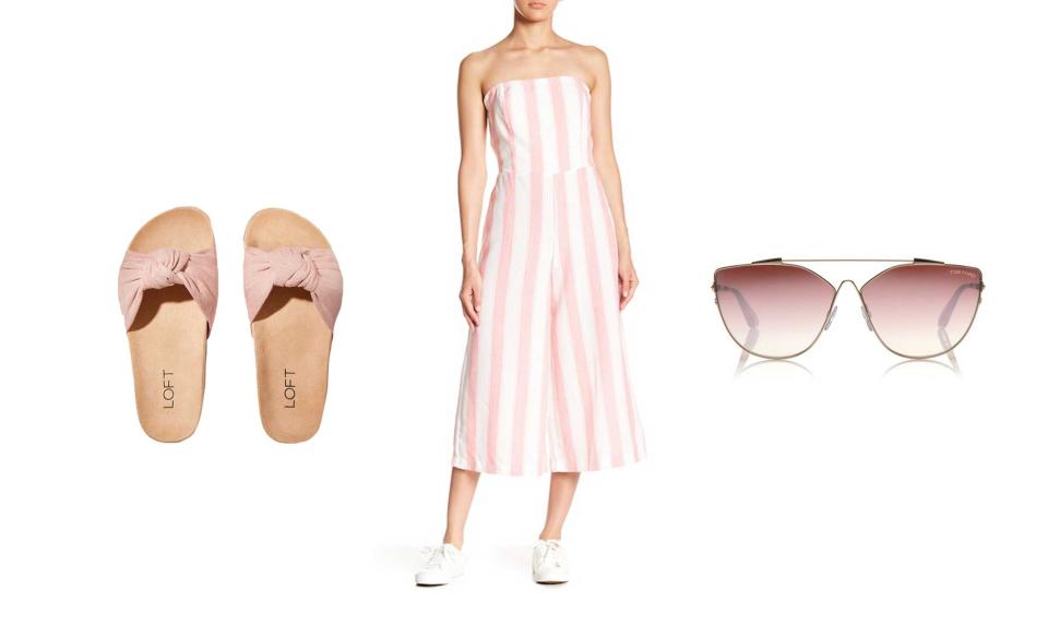 <p>Lumiere striped jumpsuit, $30, <a rel="nofollow noopener" href="https://www.nordstromrack.com/shop/product/2509255?sid=545655&aid=20648&mid=2403532322&utm_source=pepperjam&utm_medium=affiliate&utm_content=rack&utm_campaign=20648&utm_channel=affiliate_acq_p&color=RED-WHITE" target="_blank" data-ylk="slk:nordstromrack.com;elm:context_link;itc:0;sec:content-canvas" class="link ">nordstromrack.com</a>; Tom Ford Jacquelyn aviator sunglasses, $475, <a rel="nofollow noopener" href="https://fivestoryny.com/collections/accessories/products/jacquelyn-aviators-in-gold" target="_blank" data-ylk="slk:fivestoryny.com;elm:context_link;itc:0;sec:content-canvas" class="link ">fivestoryny.com</a>; Loft bow slide sandals, $70, <a rel="nofollow noopener" href="https://www.loft.com/bow-slide-sandals/469213" target="_blank" data-ylk="slk:loft.com;elm:context_link;itc:0;sec:content-canvas" class="link ">loft.com</a>. </p>