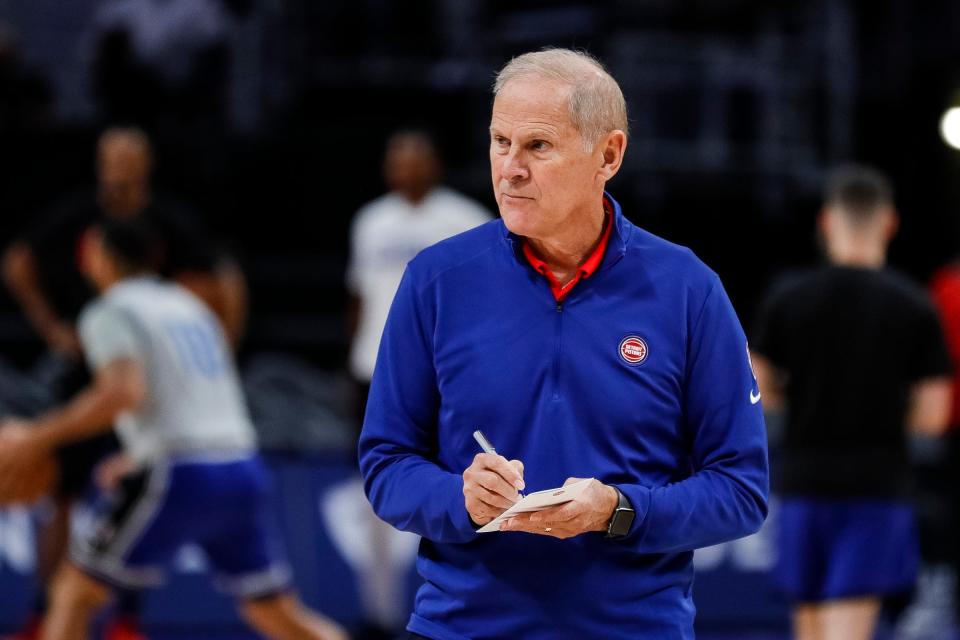 Pistons senior player development advisor John Beilein watches during open practice Oct. 2, 2022 at Little Caesars Arena in Detroit.