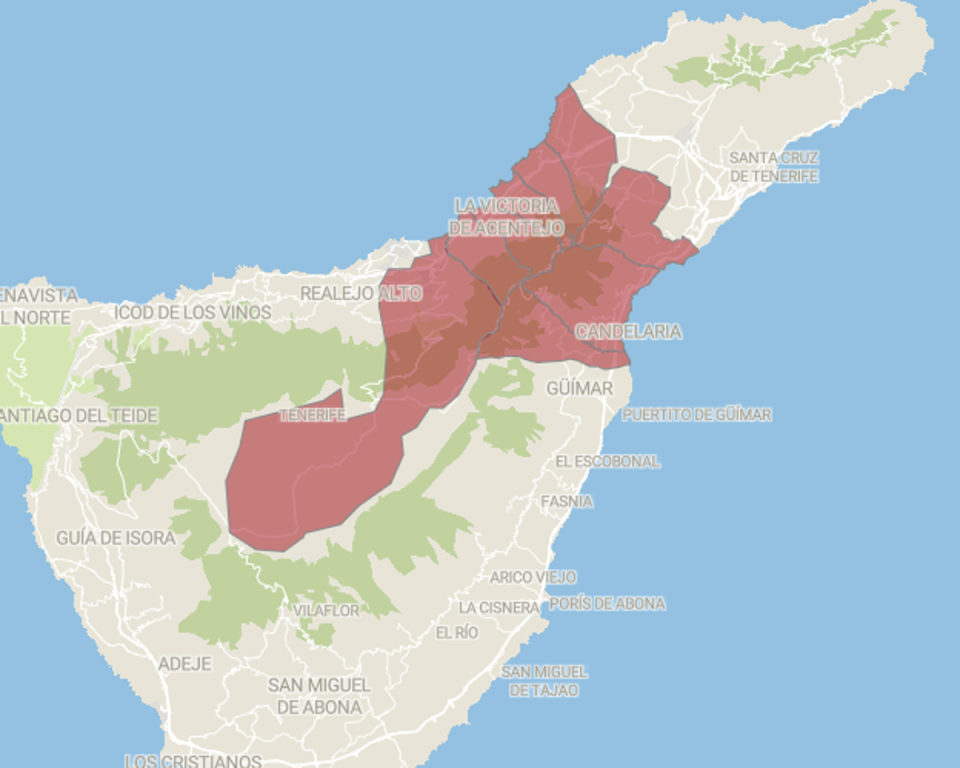 El incendio ha arrasado en los municipios de Arafo, Candelaria, El Rosario, La Orotava, Santa Úrsula, La Victoria, El Sauzal y Tacoronte (@OpenStreetMap)