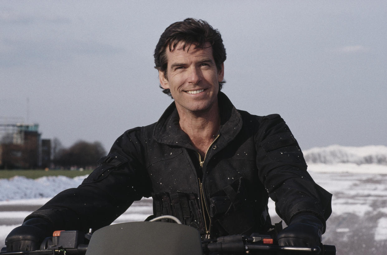 Irish actor Pierce Brosnan as 007, driving a Cagiva motorcycle for the opening scene of the James Bond film 'GoldenEye', 1995. (Photo by Keith Hamshere/Getty Images) 