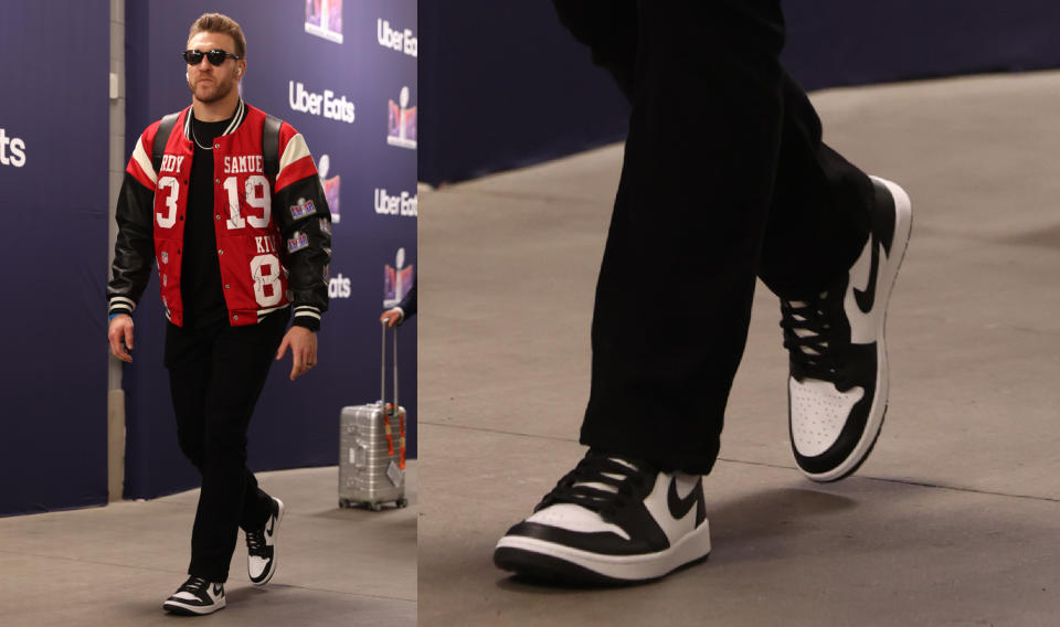 Kyle Juszczyk, #44 of the San Francisco 49ers, 2023 Nike Air Jordan 1 High OG '85 Black White Panda BQ4422-001 Men 