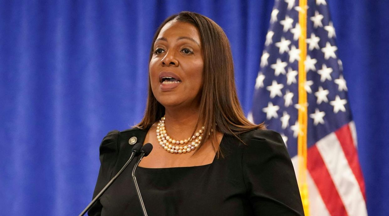 New York Attorney General Letitia James speaks during a press conference at the Office of the Attorney General in New York on Feb. 16, 2024.