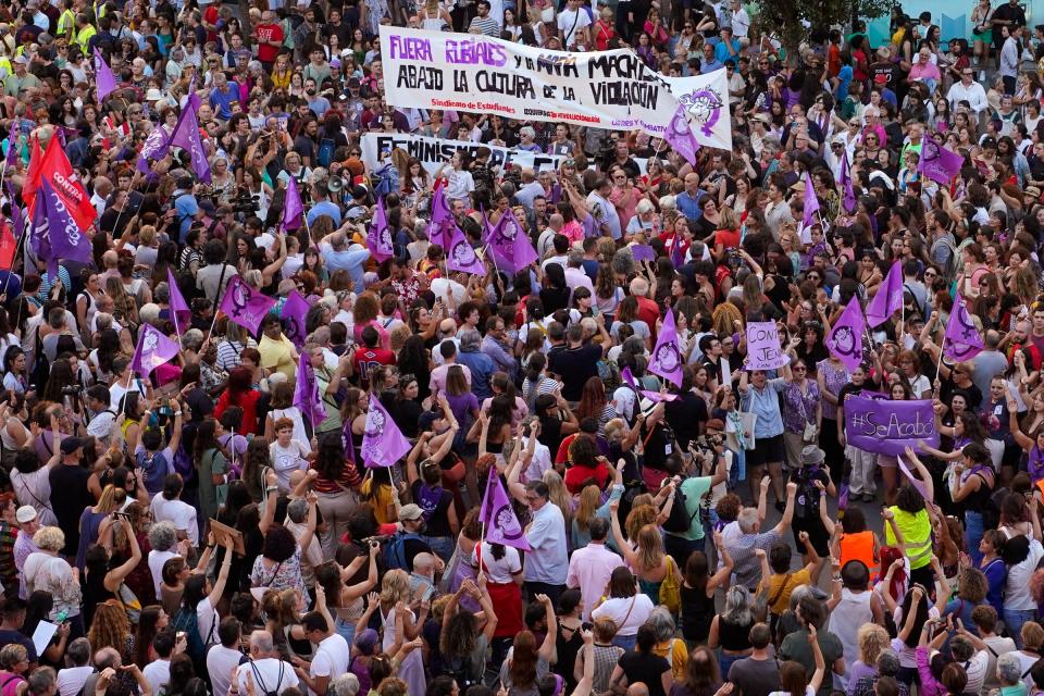 Demonstrators gather in the center of Madrid for an anti-Rubiales protest and to support Spain player Jenni Hermoso, on Monday, Aug. 28, 2023. The kiss by Luis Rubiales has unleashed a storm of fury over gender equality that almost marred the unprecedented victory but now looks set to go down as a milestone in both Spanish soccer history but also in women's rights.