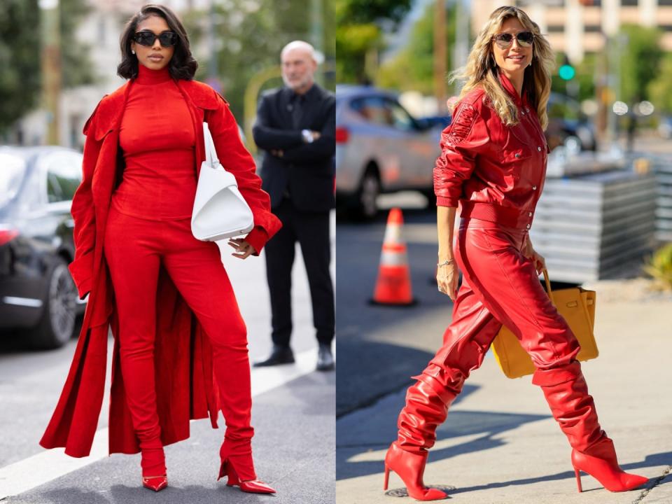 Lori Harvey (left) and Heidi Klum (right) wearing red outfits.
