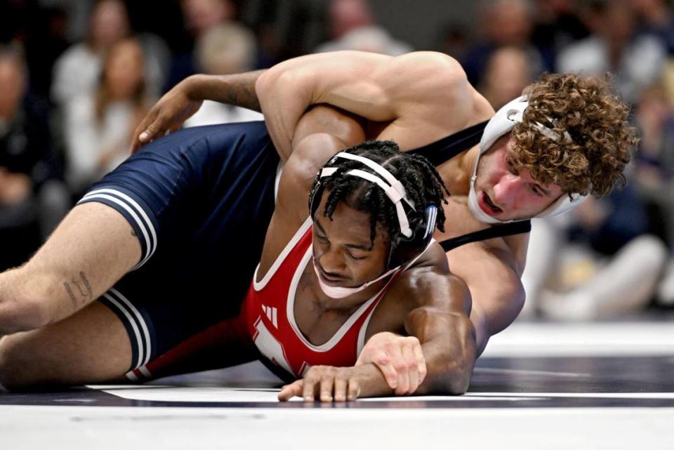Penn State’s Mitchell Mesenbrink controls Nebraska’s Antrell Taylor in the 165 lb bout of the match on Sunday, Feb. 18, 2024 in Rec Hall. Abby Drey/adrey@centredaily.com
