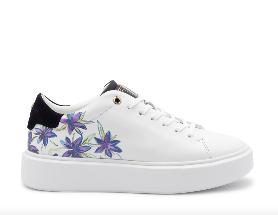 white Ted Baker Faithh Platform Sneaker with purple floral print and black end